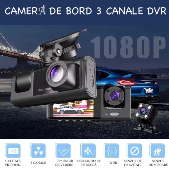 Cameră de bord 3 canale 1080p, Night Vision, Mod Parcare, G-Sensor, Detectare mișcare, Linii ghidaj marșarier